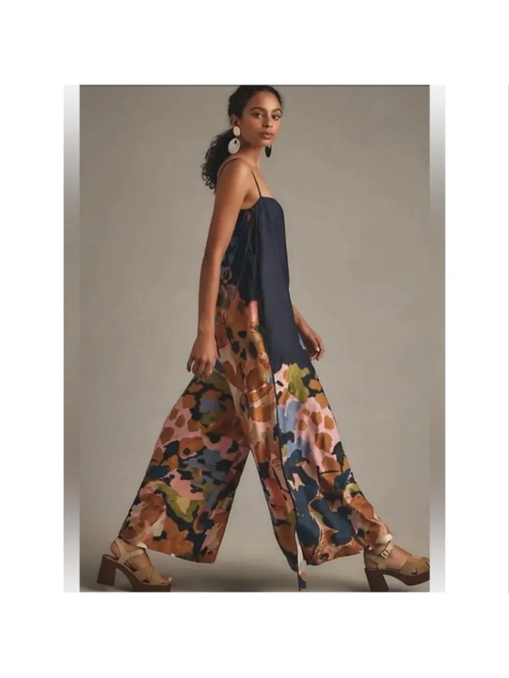 By Anthropologie Printed Wide-Leg Jumpsuit Navy Abstract Floral Print
